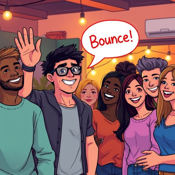 Afbeelding van mensen die zwaaien bij het afscheid op een feestje met het woord "Bounce" prominent weergegeven