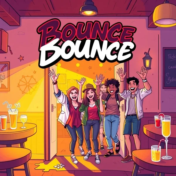 Partide el sallayan insanların ve üzerinde "Bounce" kelimesinin belirgin bir şekilde göründüğü bir görsel