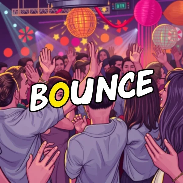 Image showing people waving goodbye at a party with the word "Bounce" prominently displayed