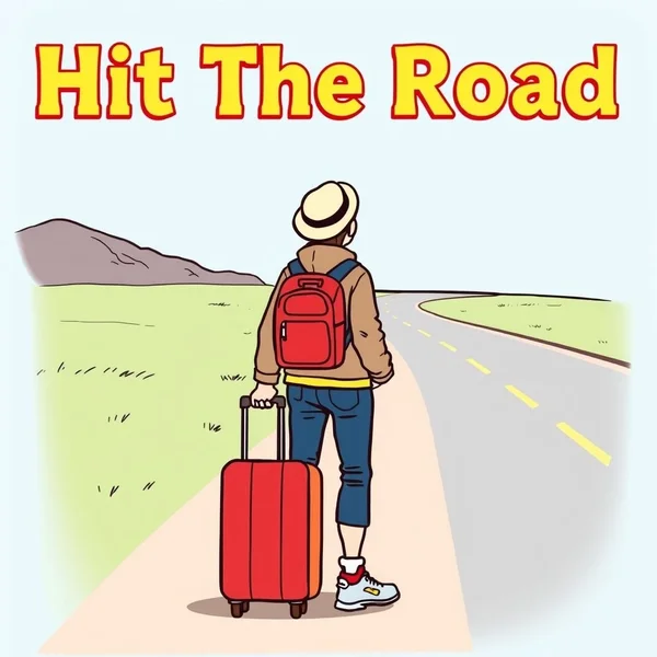 Man with a suitcase ready to Hit The Road