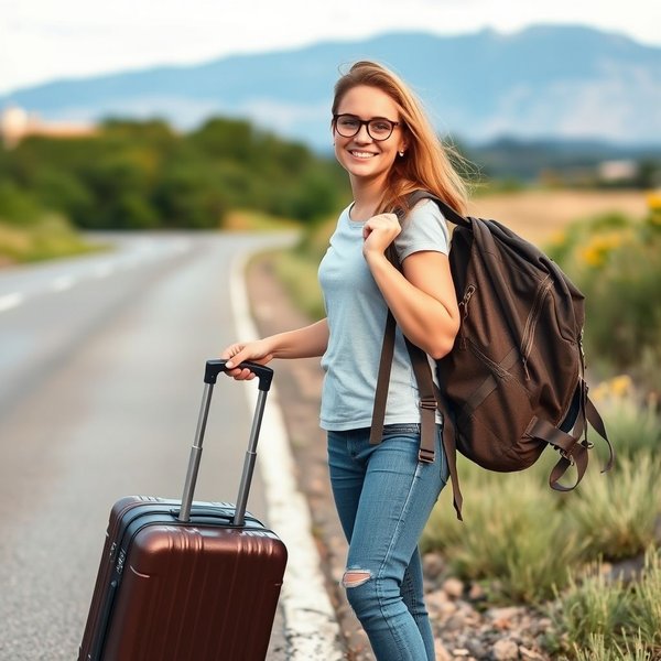 Man with a suitcase ready to Hit The Road