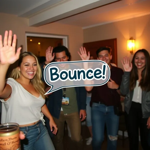 Image showing people waving goodbye at a party with the word "Bounce" prominently displayed