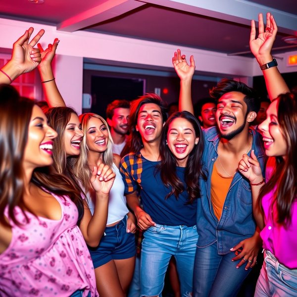파티에서 즐거운 시간을 보내는 사람들의 이미지, Party Animal 용어를 설명합니다