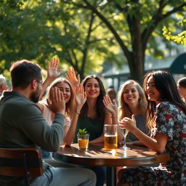 Friends waving goodbye and saying Peace Out at a gathering