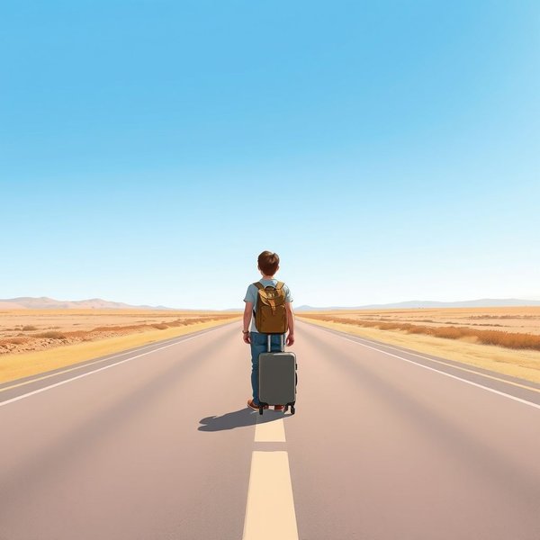 Man with a suitcase ready to Hit The Road