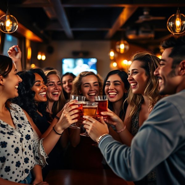 Amigos parecendo felizes e talvez um pouco embriagados em uma reunião social
