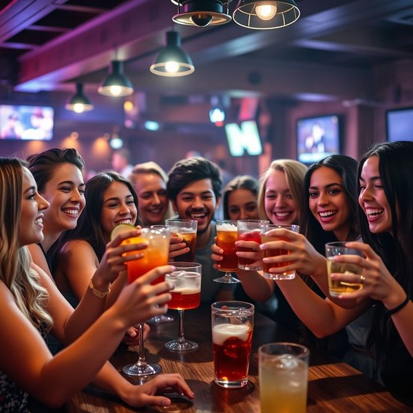 Imagen que muestra a personas brindando o bebiendo, con el título: Comprender "Down a Drink" en la jerga inglesa