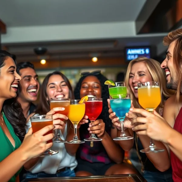 Image showing people toasting or drinking, with the title: Understanding "Down a Drink" in English Slang
