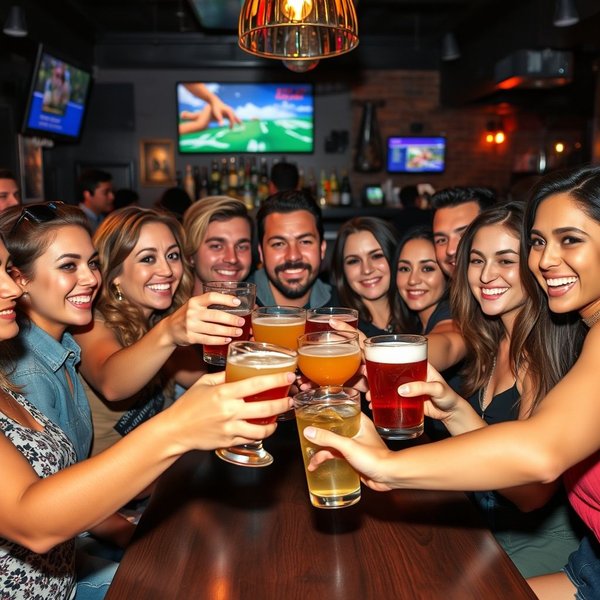 Image showing people toasting or drinking, with the title: Understanding "Down a Drink" in English Slang