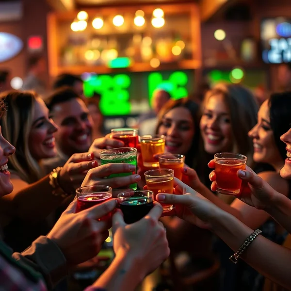 Um grupo de amigos brindando com pequenos copos de Shots