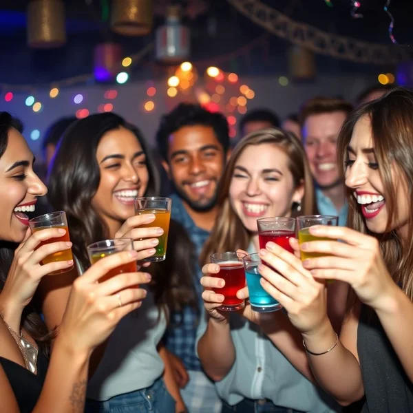 Một nhóm bạn đang nâng ly bằng những ly nhỏ chứa Shots