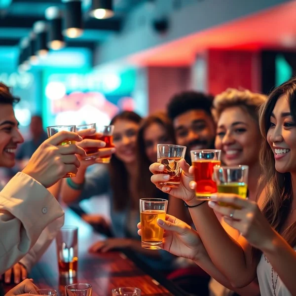 Shotsの小さなグラスで乾杯する友達のグループ