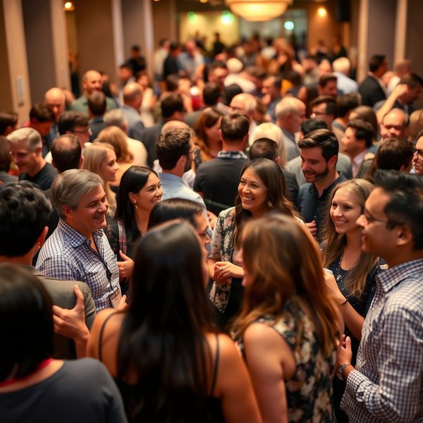 Gambar orang-orang di acara networking untuk menjelaskan apa artinya mingle