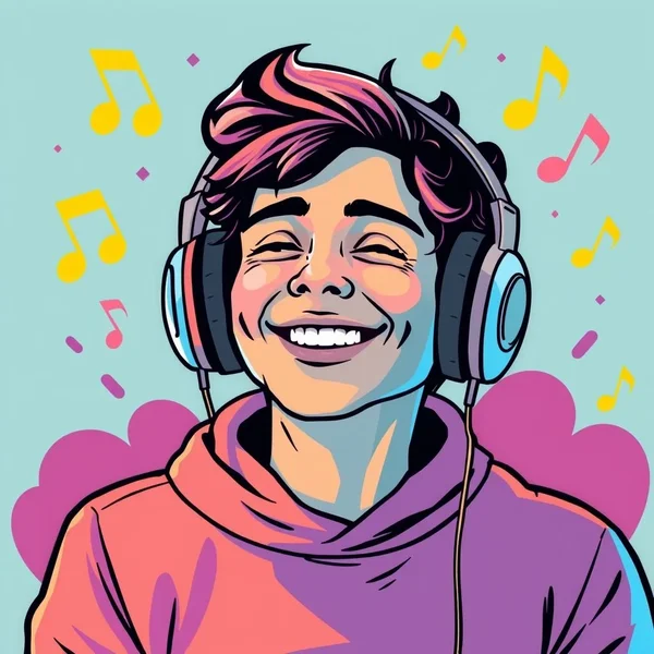 Seseorang tersenyum sambil mendengarkan musik dengan headphone, dengan kata Tunes dalam lapisan font yang bergaya