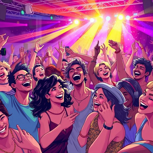 音楽フェスティバルで踊ったり、最高の曲を楽しんだりしている人々のイラスト