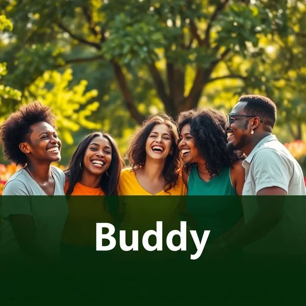 Dos amigos riendo juntos, ilustrando el significado amistoso de la palabra Buddy