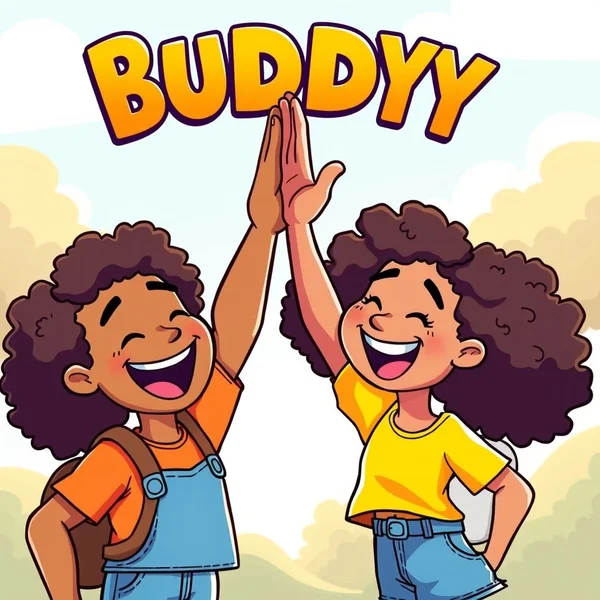 두 친구가 함께 웃고 있는 모습, Buddy라는 단어의 친근한 의미를 보여줍니다.