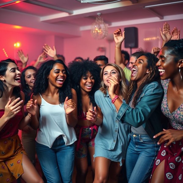 Sekelompok teman menari dan bersenang-senang, menggambarkan frasa 'Bust A Move'.
