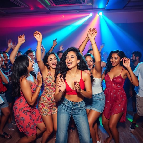 Eine Gruppe von Freunden tanzt und hat Spaß und veranschaulicht den Ausdruck "Bust A Move".