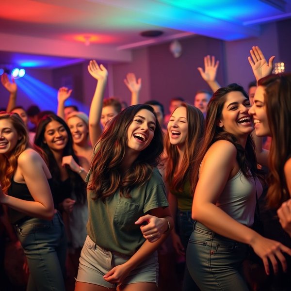 A group of friends dancing and having fun, illustrating the phrase 'Bust A Move'.