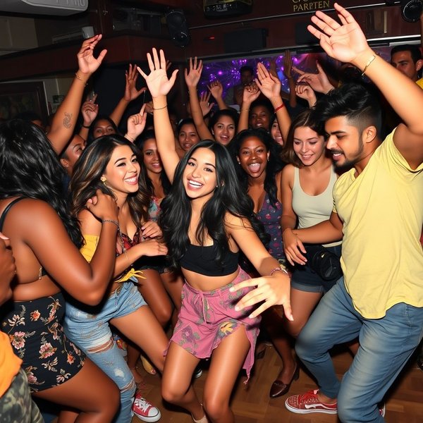 Un grupo de amigos bailando y divirtiéndose, ilustrando la frase 'Bust A Move'.