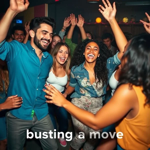 Un groupe d'amis dansant et s'amusant, illustrant l'expression 'Bust A Move'.