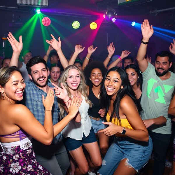 'Bust A Move' ifadesini gösteren, dans eden ve eğlenen bir grup arkadaş.
