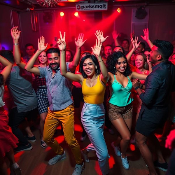 踊って楽しんでいる友達のグループ。「Bust A Move」というフレーズを表しています。