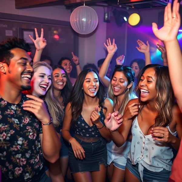 Een groep vrienden die dansen en plezier hebben, ter illustratie van de uitdrukking 'Bust A Move'.