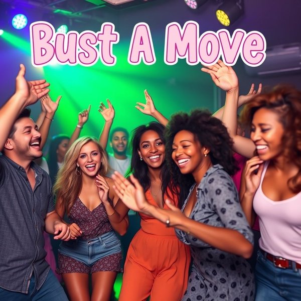 친구들이 춤을 추며 즐거워하는 모습. 'Bust A Move'라는 구절을 보여준다.