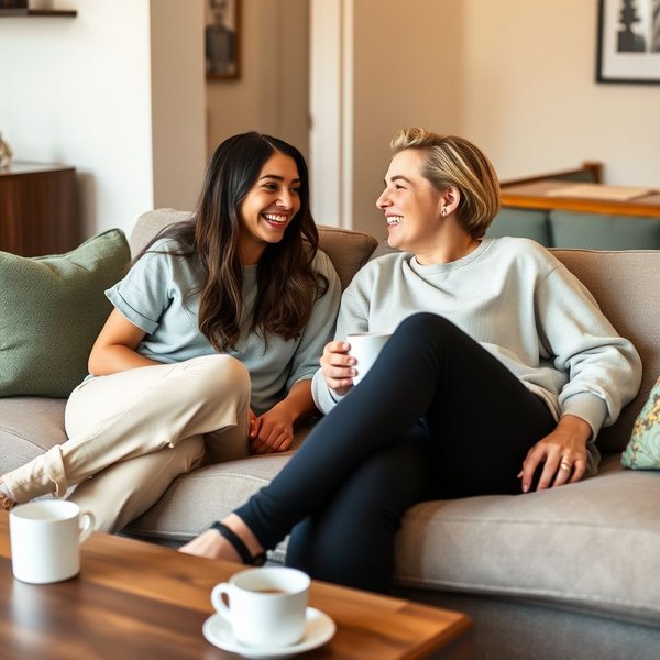 Two friends sitting on a sofa and chewing the fat.