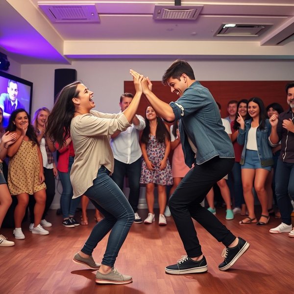 Two friends having a fun dance-off in a living room.