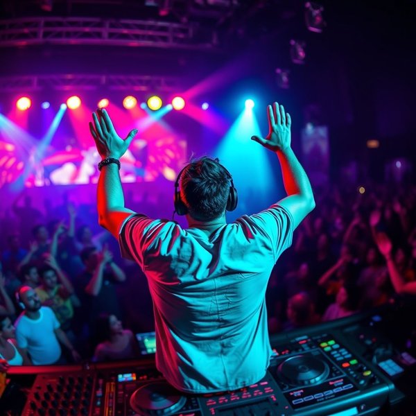 A DJ at a concert getting ready to Drop The Beat.
