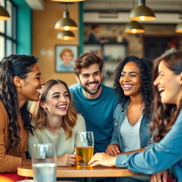 A group of friends laughing together, representing a 'crew'.