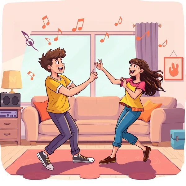İki arkadaş oturma odasında eğlenceli bir Dance-off yapıyor.