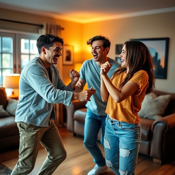 Zwei Freunde haben einen lustigen Dance-Off in einem Wohnzimmer.