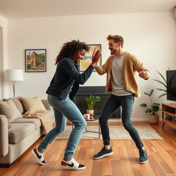 Two friends having a fun dance-off in a living room.