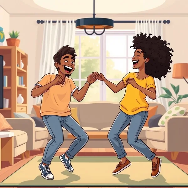 Two friends having a fun dance-off in a living room.