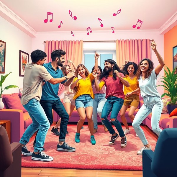 Two friends having a fun dance-off in a living room.