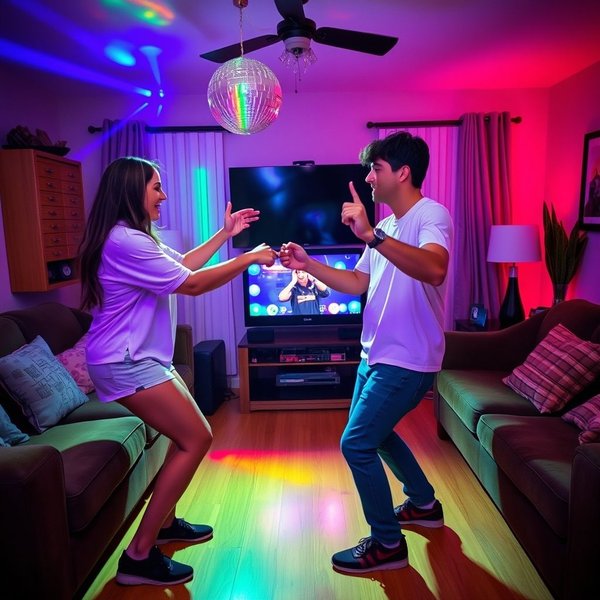 Hai người bạn có một cuộc dance-off vui vẻ trong phòng khách.