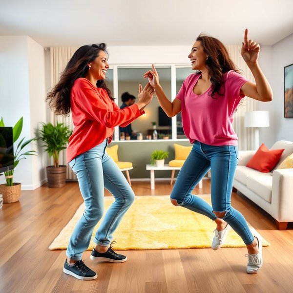 Two friends having a fun dance-off in a living room.