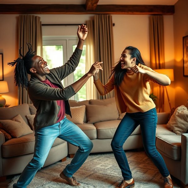 Two friends having a fun dance-off in a living room.