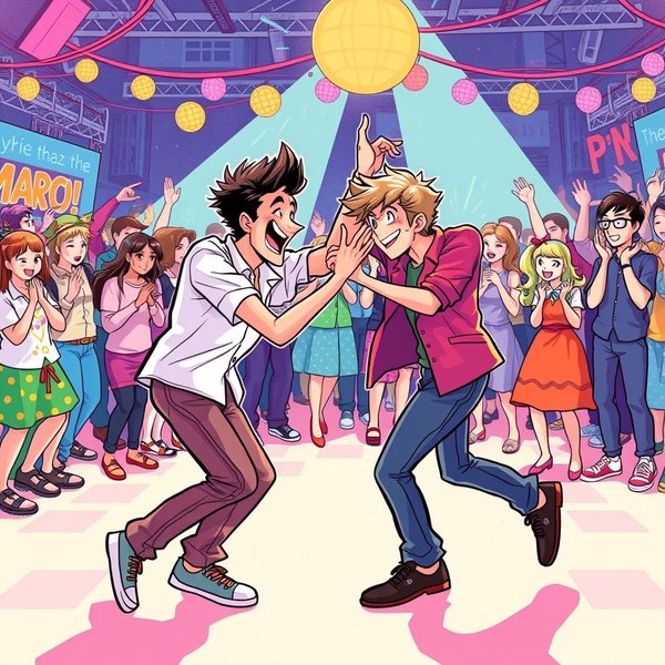 Two friends having a fun dance-off in a living room.