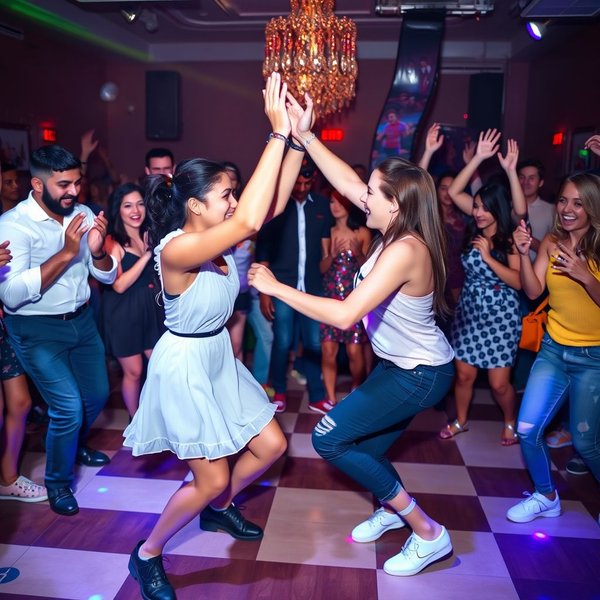 Two friends having a fun dance-off in a living room.