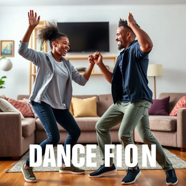 두 친구가 거실에서 신나는 Dance-off를 즐기고 있습니다.