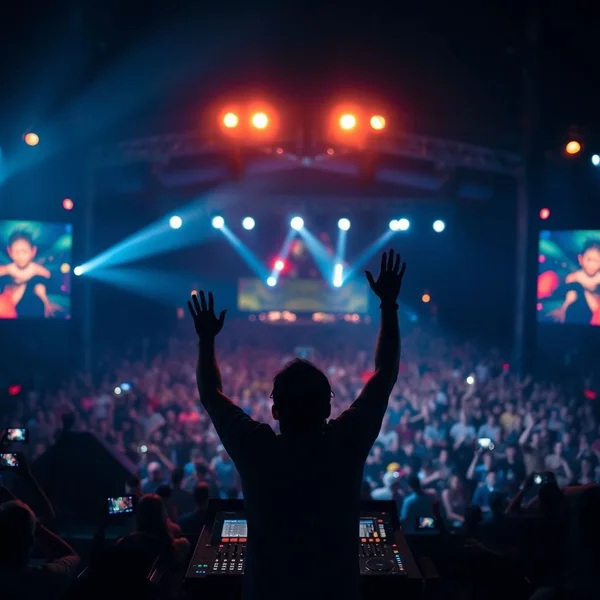 A DJ at a concert getting ready to Drop The Beat.