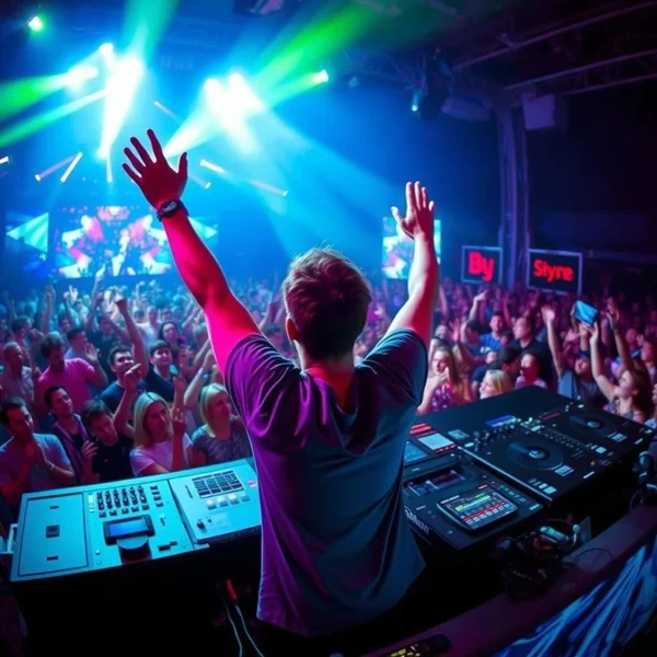 Ein DJ auf einem Konzert, der sich bereit macht, Drop The Beat zu spielen.