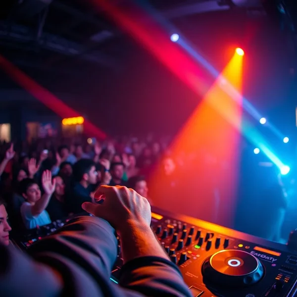 A DJ at a concert getting ready to Drop The Beat.