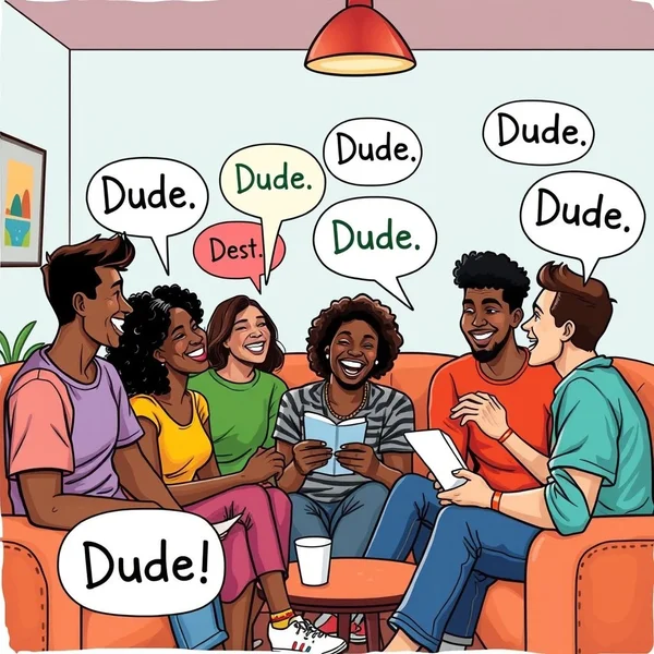 Bir grup arkadaş gündelik bir sohbette Dude kelimesini kullanıyor