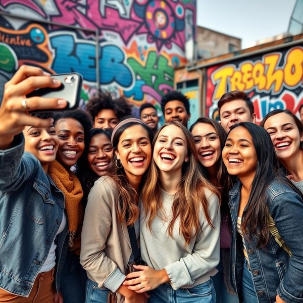 親しい友人たちが笑顔で抱き合っている写真。スラング「Fam」の意味を表しています。